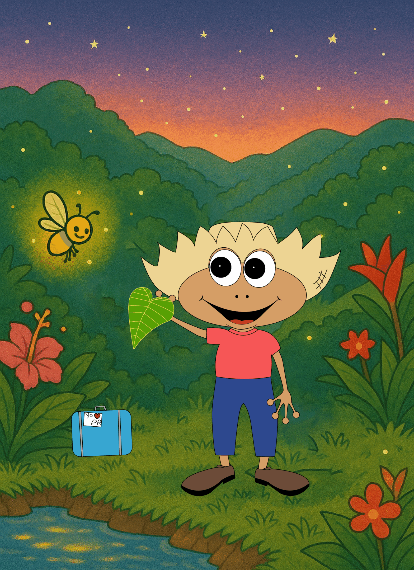 Coquí Andariego y la luciernaga Lucia en la charca.